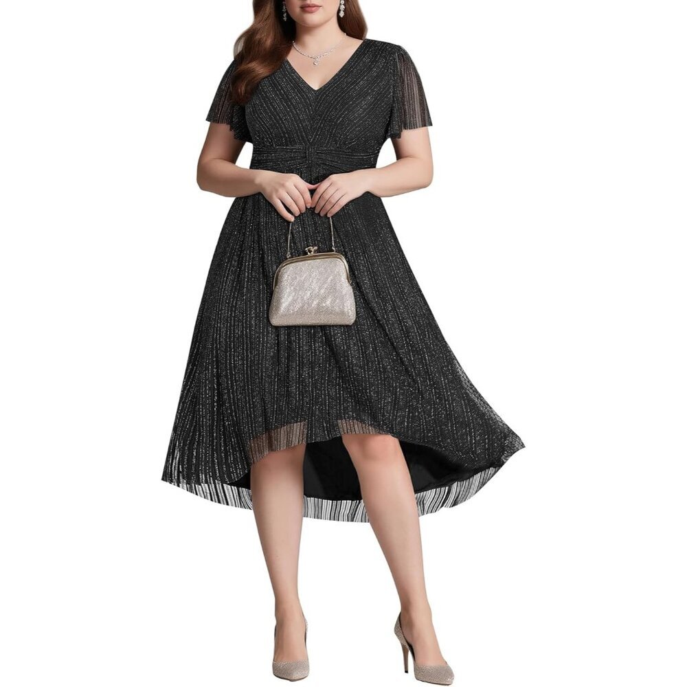 Women Plus Size Cocktail Dress Glitter Fabric High Low Formal Holiday